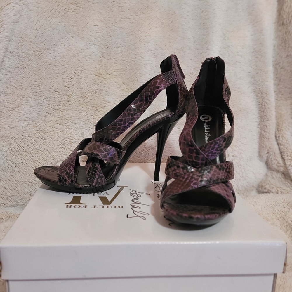 New- never worn Purple Snakeskin faux-leather strappy stiletto heel sandals